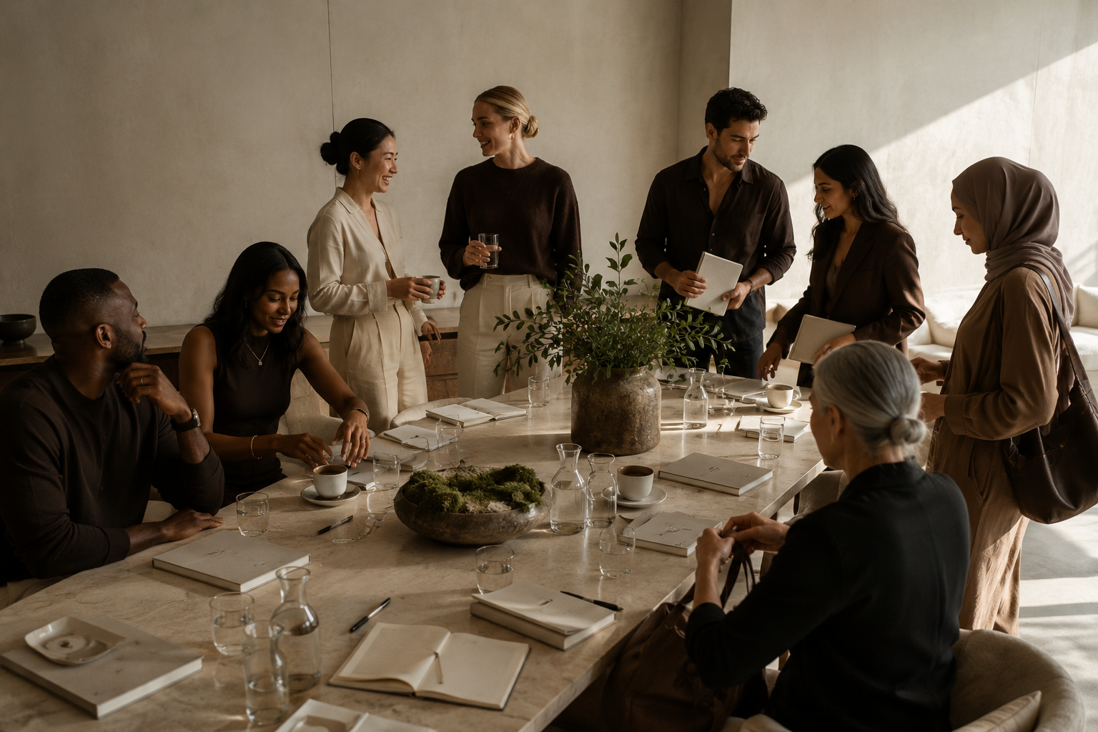 Group of diverse people gathered in a modern conference room, chatting and preparing for a meeting around a large table with notebooks, pens, and cups.