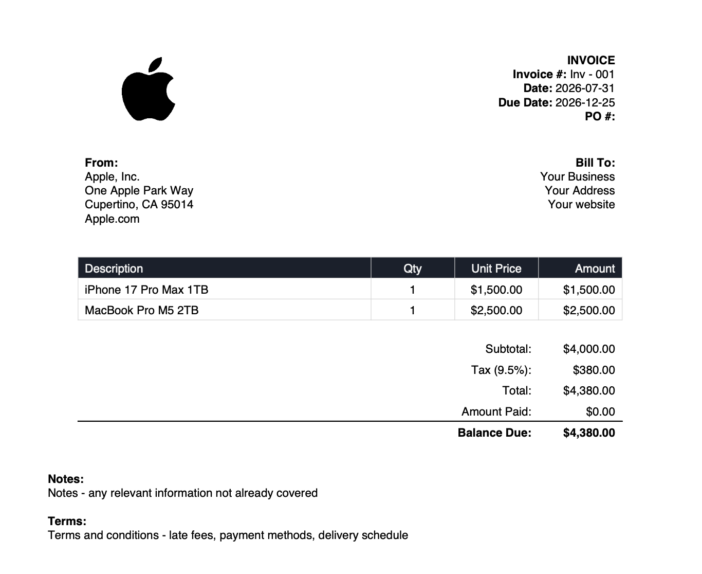 Apple, Inc. Free Invoice example