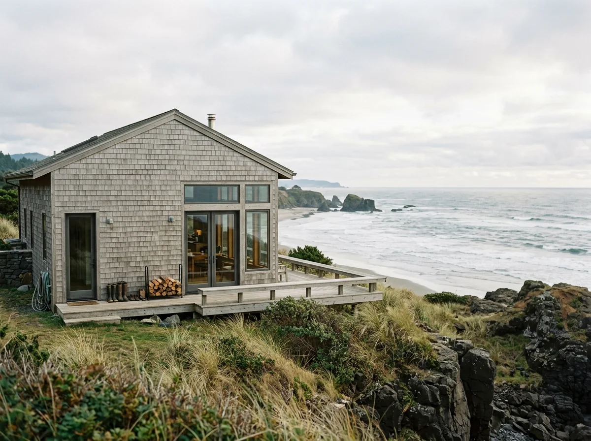 A house with wood shingles exterior, large glass windows, and a deck overlooking a rocky coastline and ocean under cloudy sky.
