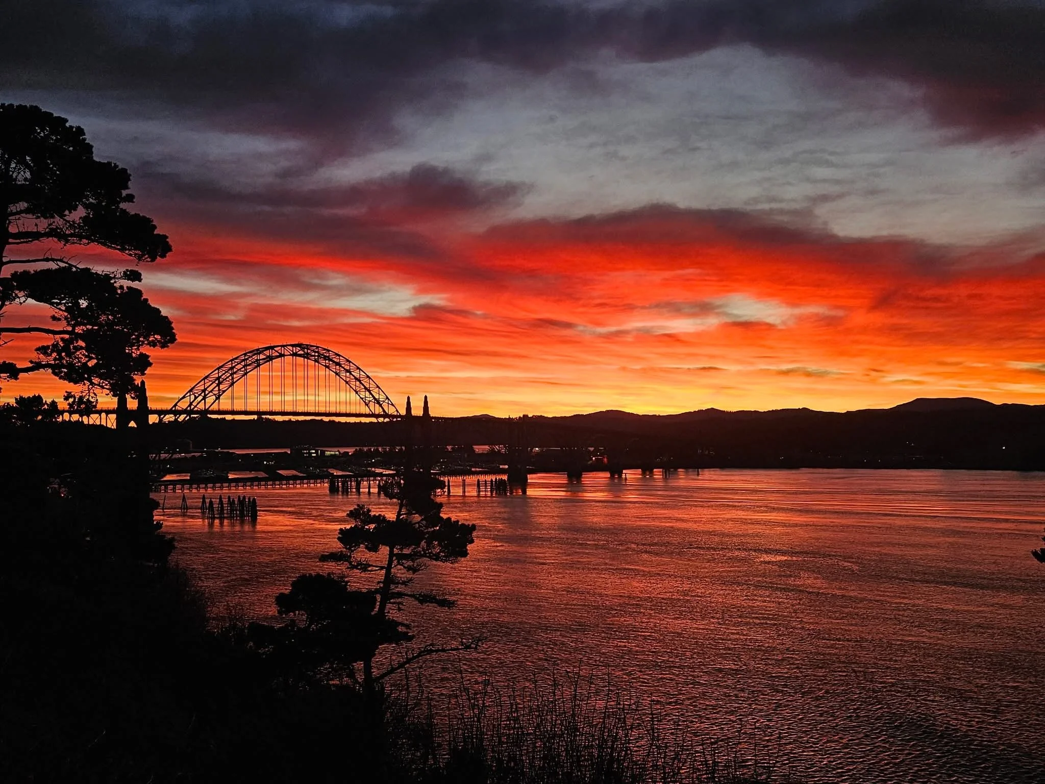 A sunset over a river with silhouetted trees and a bridge in the distance, clouds in the sky displaying shades of orange, red, and purple.