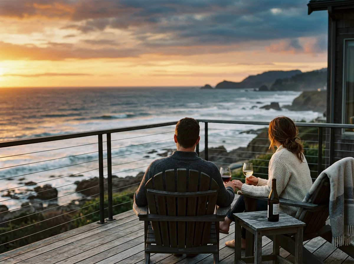 A couple sitting on a deck overlooking the ocean at sunset, holding glasses of wine, with a bottle on a small table beside them.