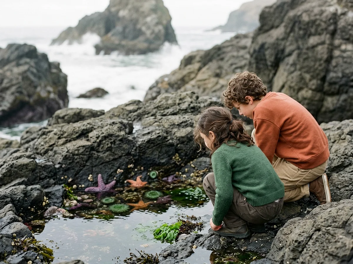 Two children, a girl in a green sweater and a boy in an orange-brown sweatshirt, are crouched on rocks by the ocean, looking at tide pool with starfish and seaweed.