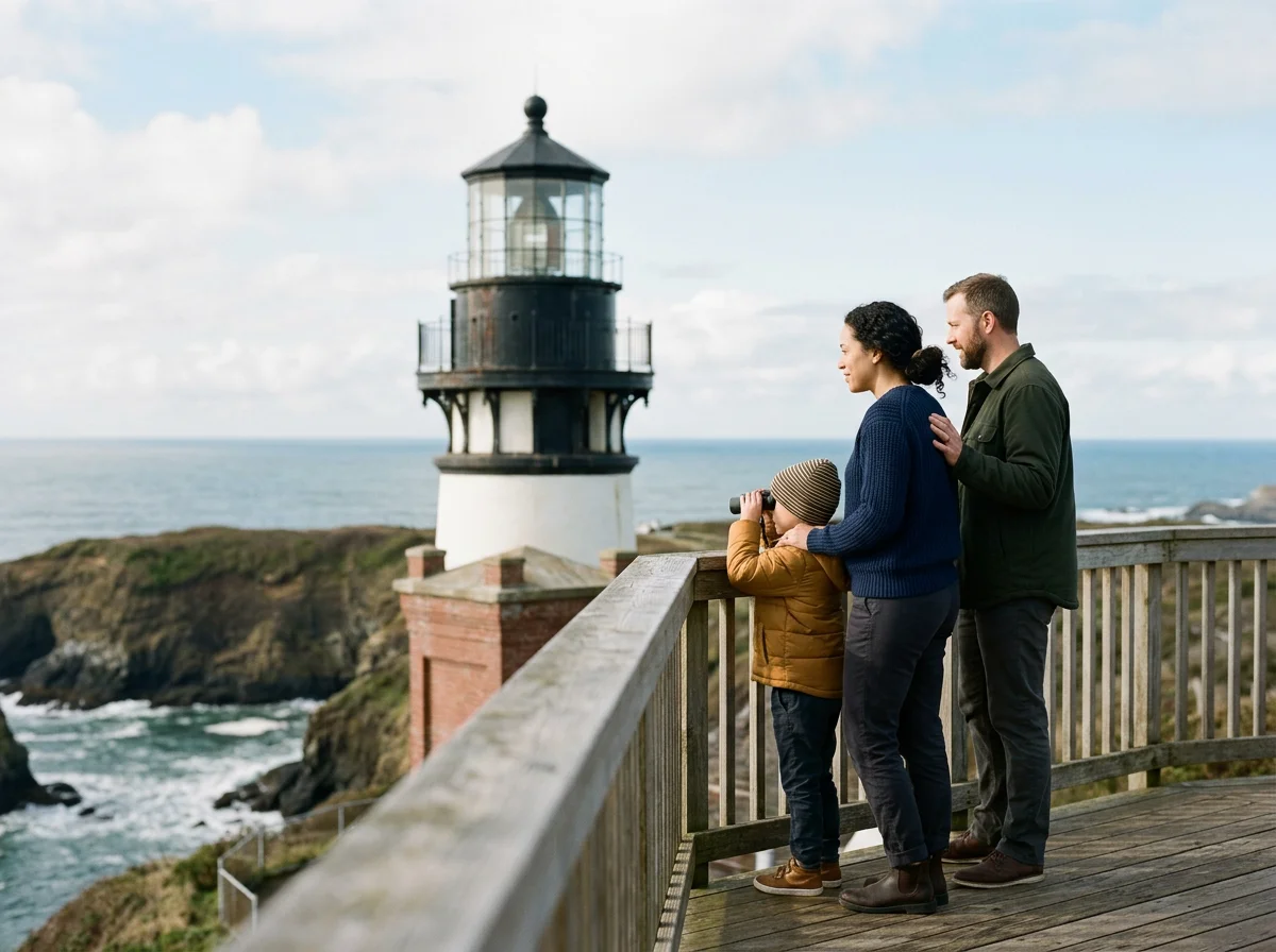 A family of three looking at a lighthouse on the coast, with the child using binoculars and the parents standing nearby.