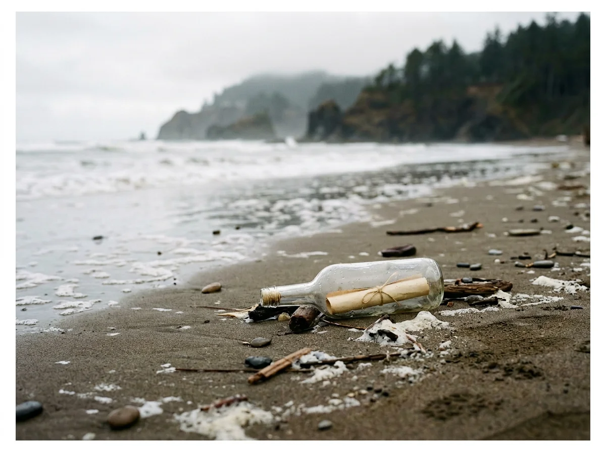 A glass bottle with a rolled paper inside lies on a sandy beach with debris and seaweed, with ocean waves and rocky cliffs in the background.