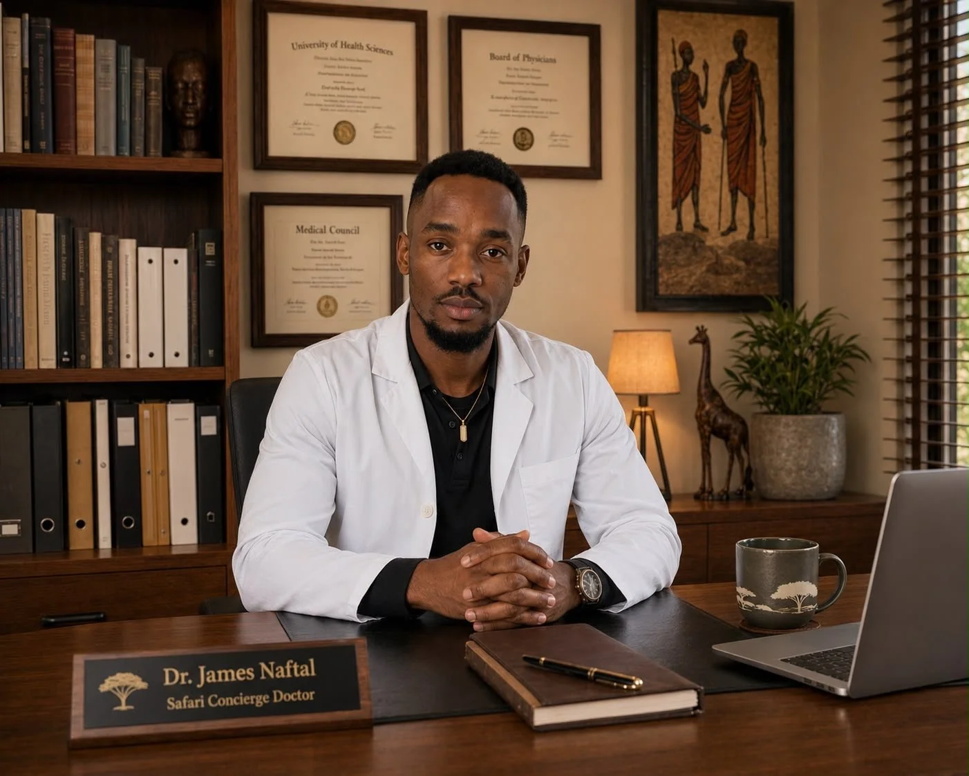 A man in a white coat sitting at a desk in an office, with framed diplomas on the wall, a lamp, a potted plant, and a decorative giraffe figurine in the background.