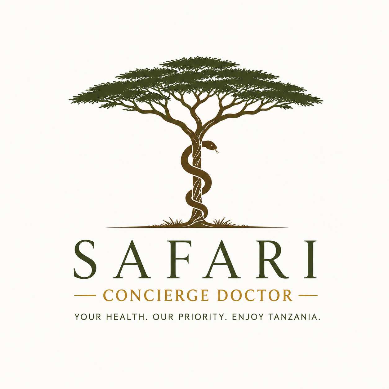 Logo with a tree featuring a snake and bird, the words "SAFARI CONCIERGE DOCTOR", and the tagline "Your health. Our priority. Enjoy Tanzania."