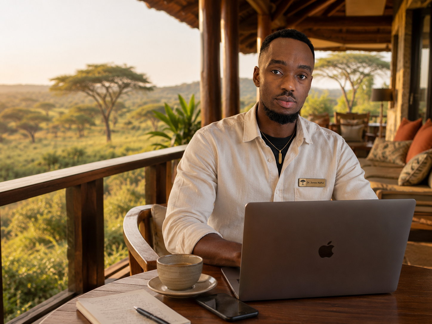 A safari doctor wearing a beige shirt with a name tag that reads 'Dr. James Naftali' sits at a wooden table with a laptop, a cup of coffee, a notebook, and a smartphone, on a deck overlooking a savannah landscape with trees.