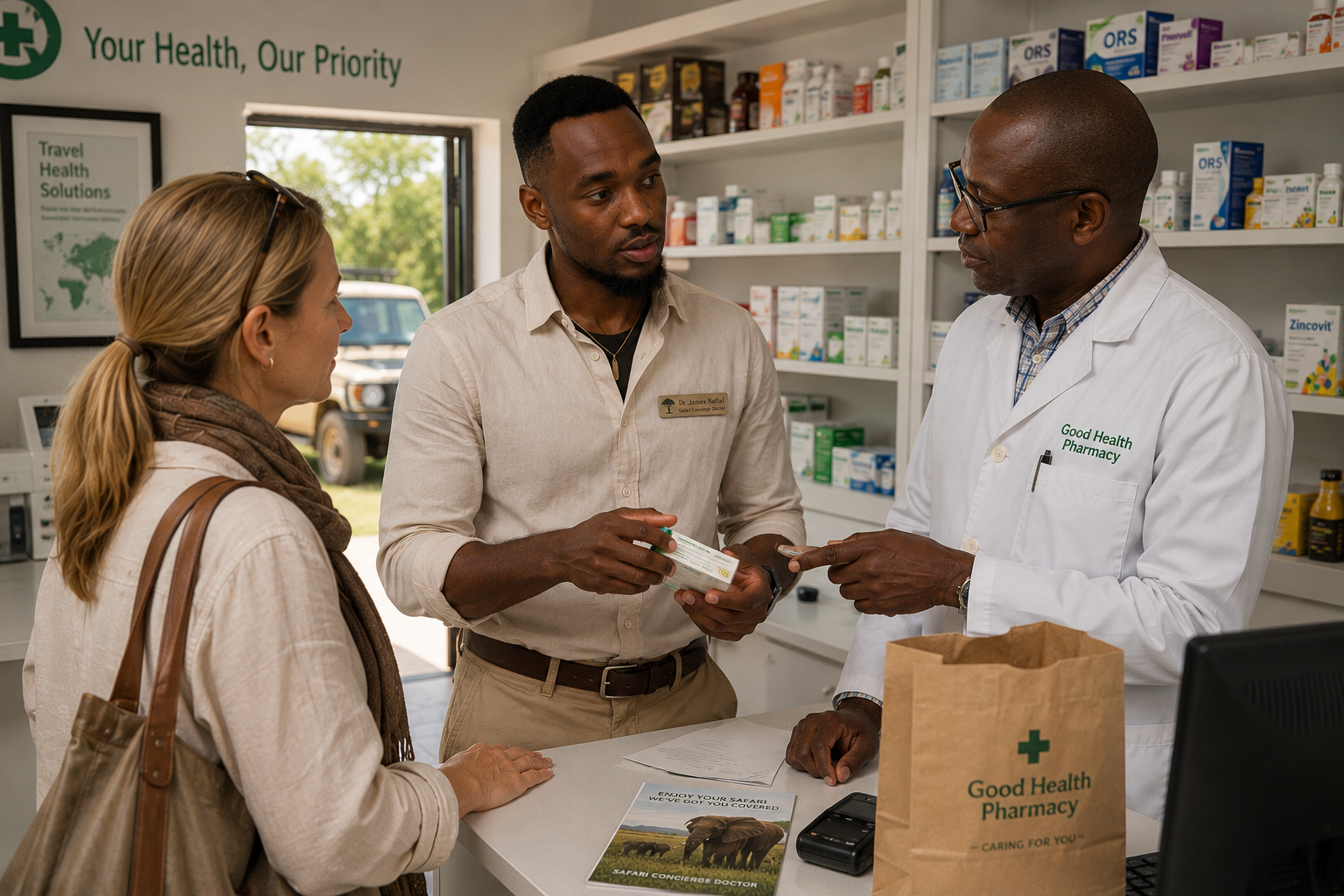 A man and woman consulting with a pharmacist at a pharmacy counter, woman holding a box of medication, pharmacist wearing a white coat with pharmacy logo, shelves of medication behind them.