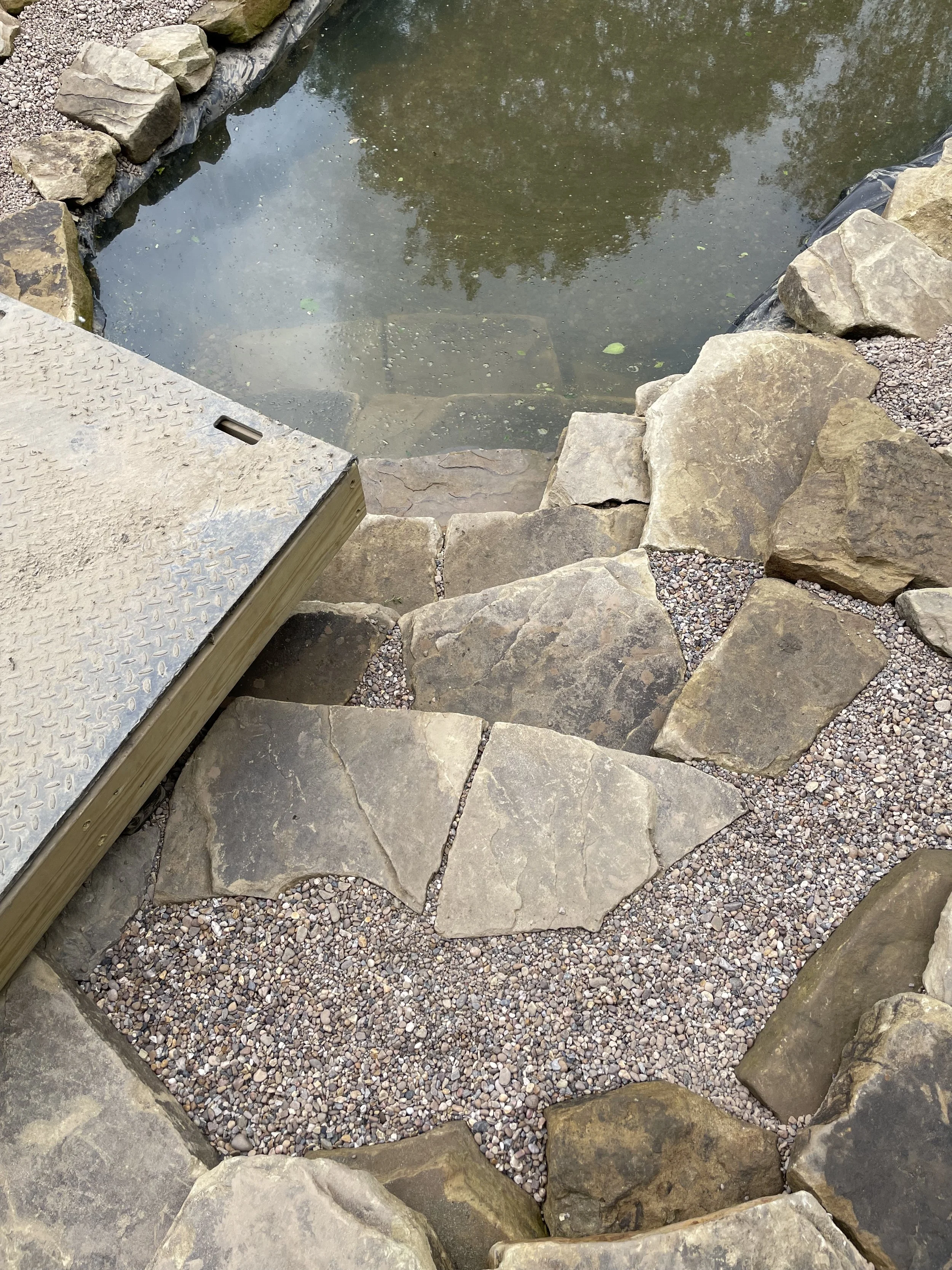 A small artificial pond with clear water, surrounded by large natural stones and gravel, with a metal grate at the edge.