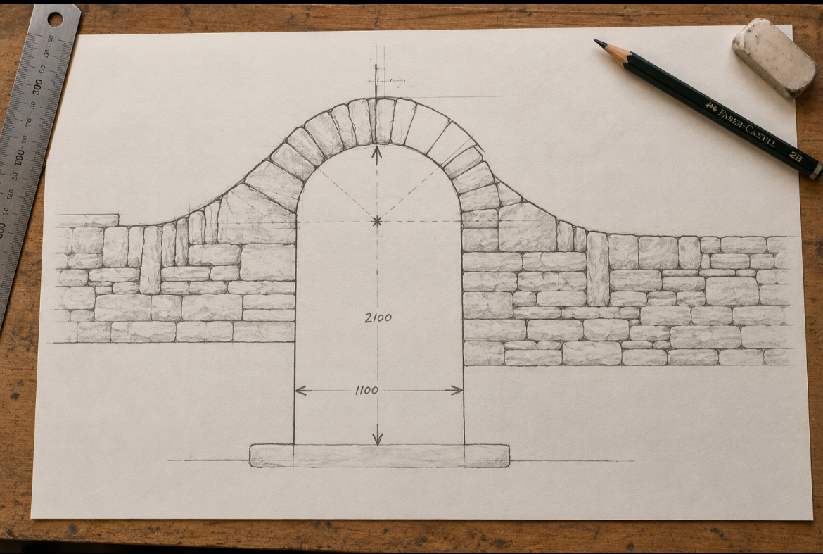 Architectural drawing of a stone wall with an arched doorway, with measurements, pencil, ruler, eraser, and pencil sharpener on a wooden surface.