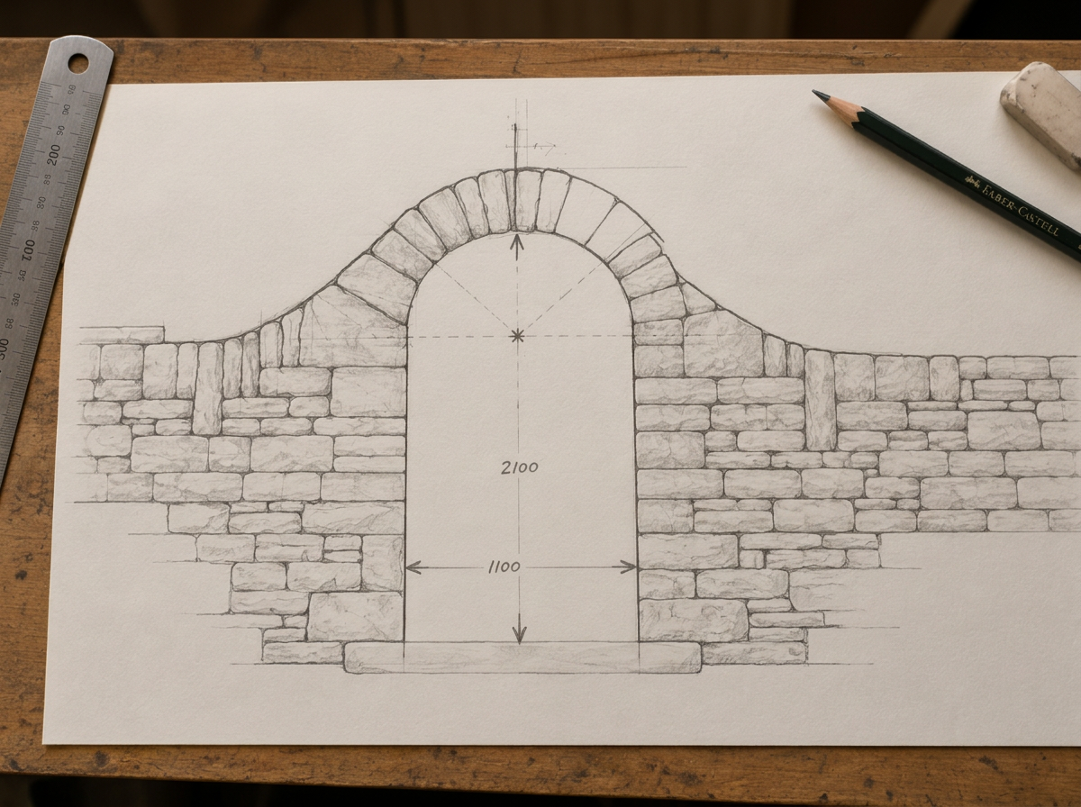 A detailed architectural sketch of an arched stone doorway, with measurements and construction lines, on a piece of paper on a wooden desk with a ruler, pencil, and eraser.