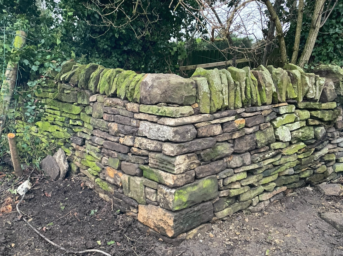 A moss-covered stone wall in a garden with trees and bushes in the background.