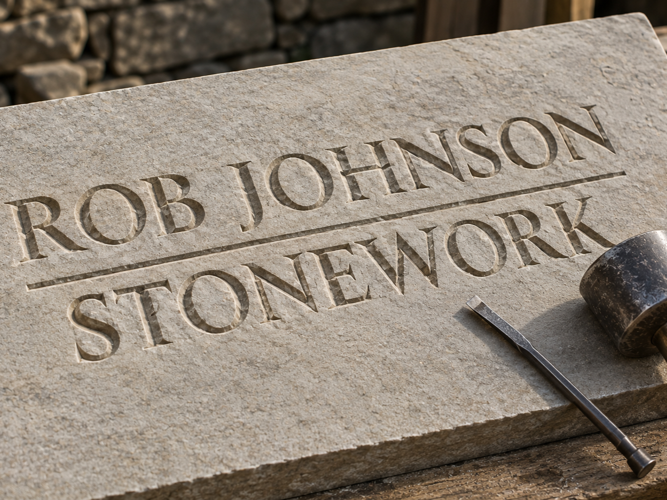 Close-up of a stone engraved with 'Rob Johnson Stonemason,' a chisel, and a hammer on a workbench.