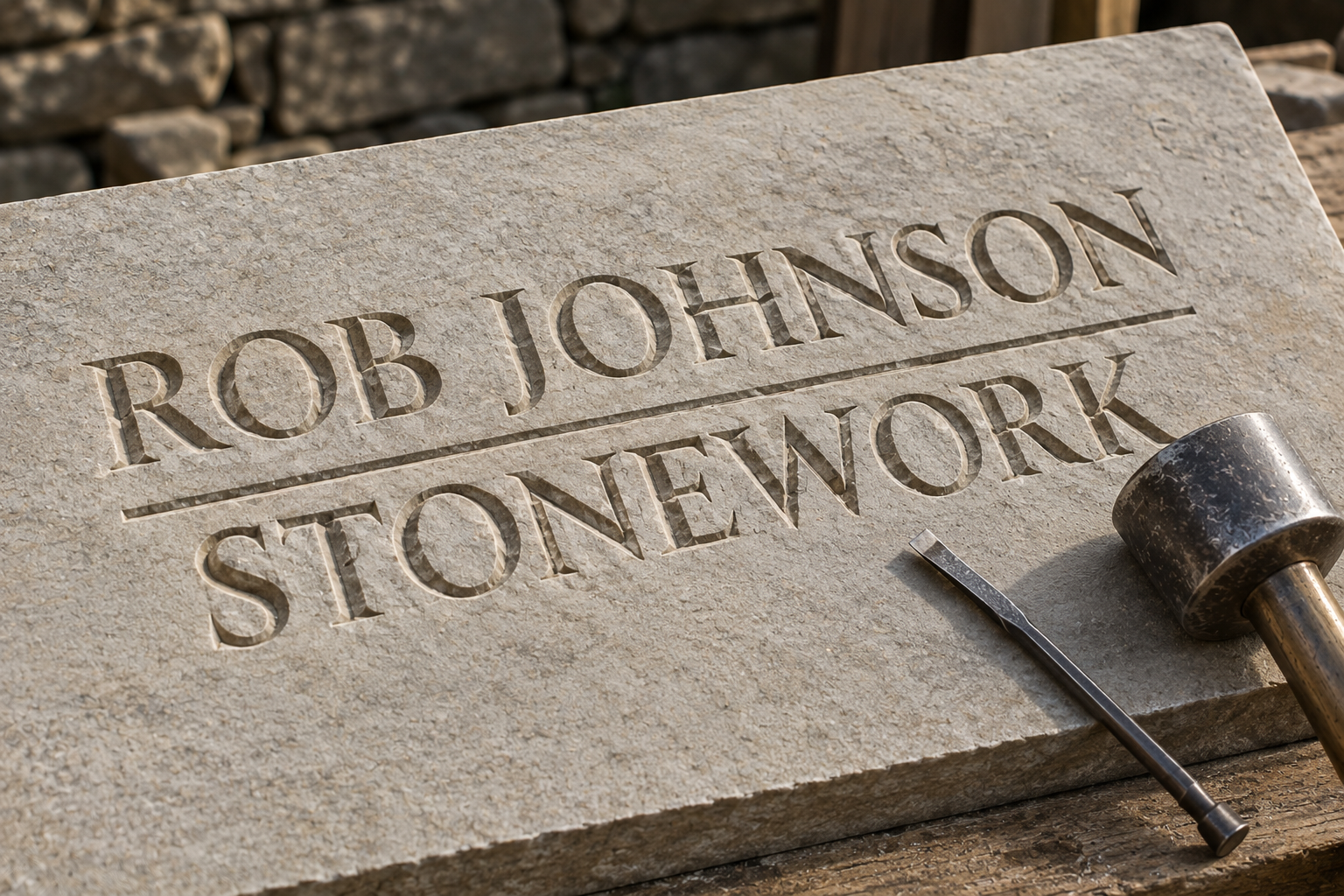 A carved stone memorial plaque with the name 'Rob Johnson' and 'Stonework' underneath, alongside a small chisel and a mallet on the stone surface.
