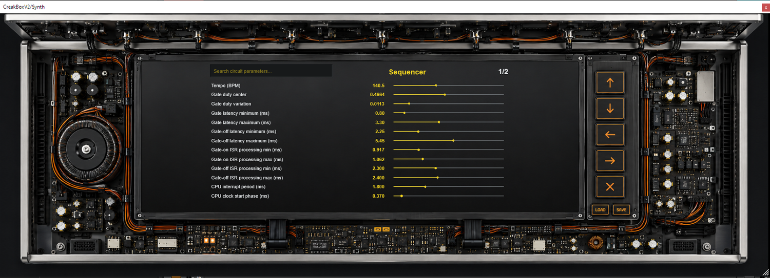 CreakBox Circuit Bend editor showing internal circuit parameters and sliders inside the hardware-inspired instrument panel