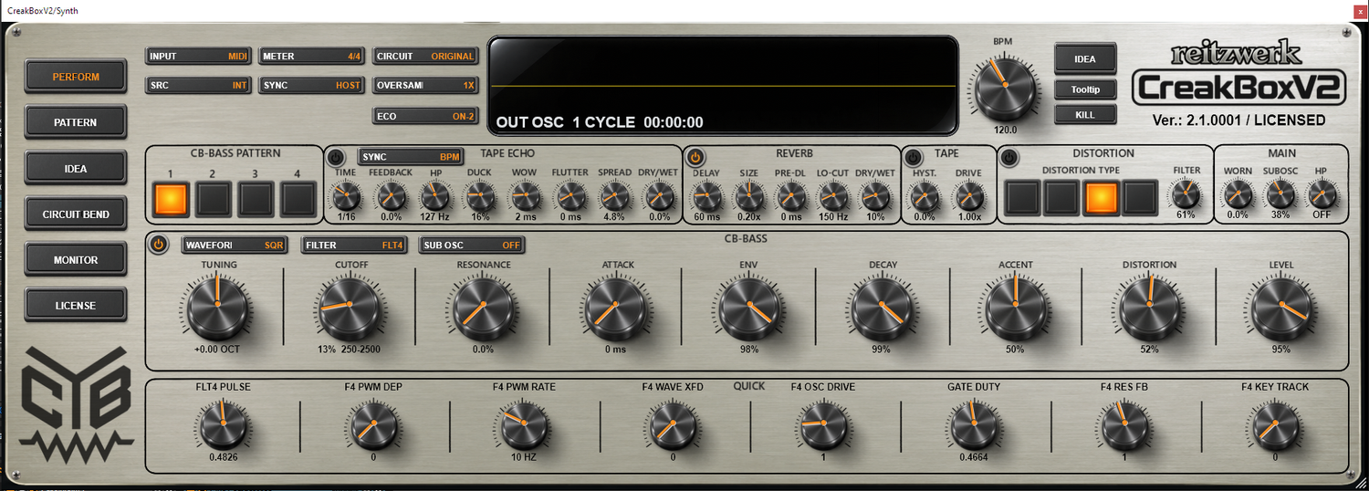 CreakBox V2.1 Perform interface showing filter, resonance, accent, tape echo, reverb, distortion and Quick controls