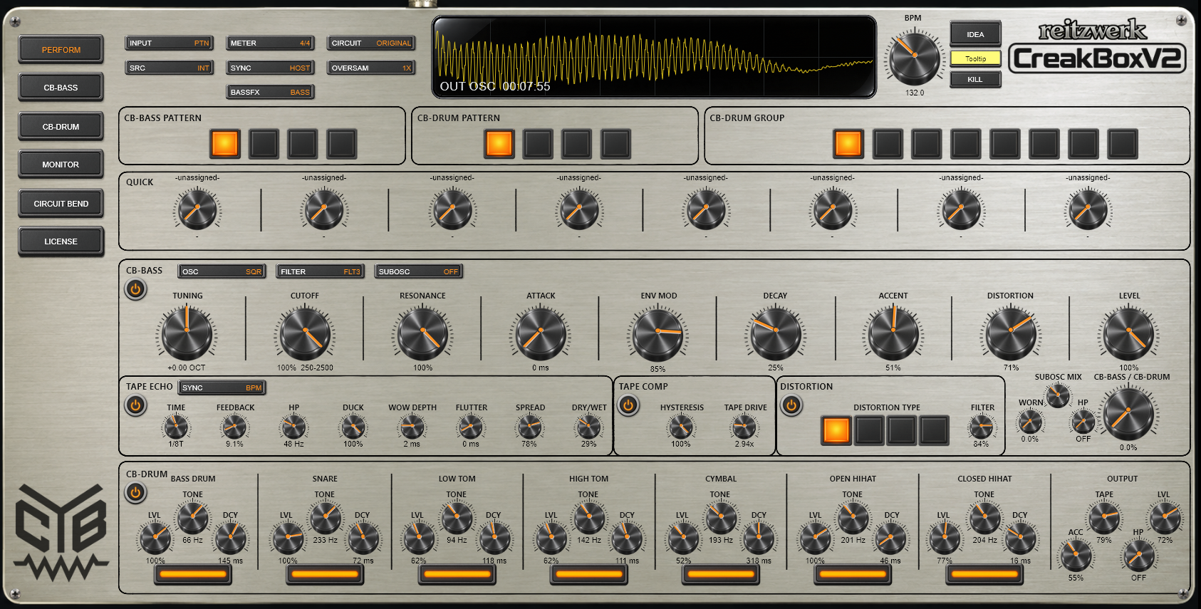 Screenshot of CreakBoxV2 audio plugin Performance-interface showing waveforms, controls for bass, drum patterns, effects, and various sound modulation knobs.