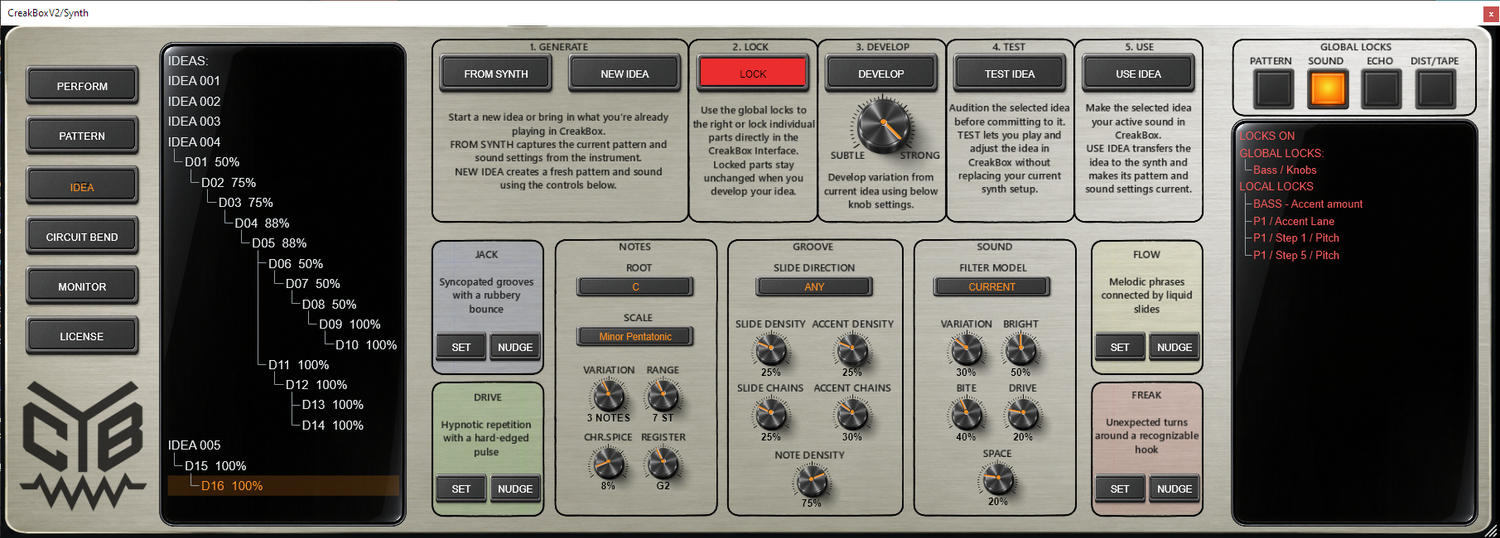 CreakBox IDEA page with Generate, Lock, Develop, Test and Use controls, idea history and musical style controls