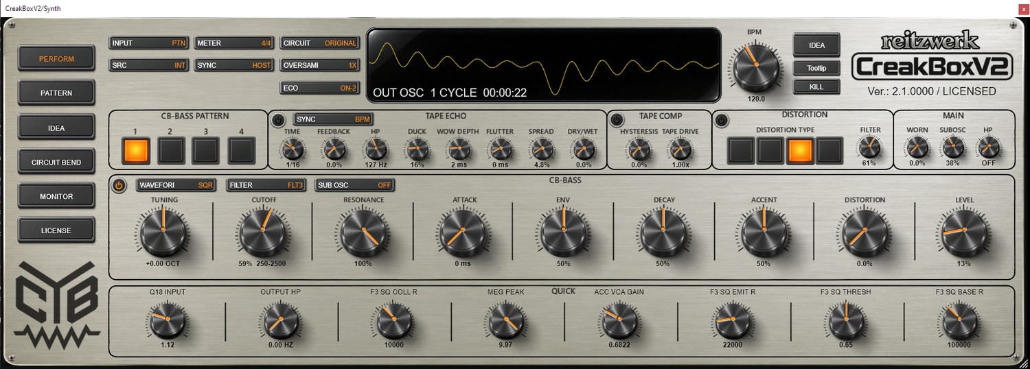 CreakBox V2.1 Perform interface showing filter, resonance, accent, tape echo, distortion and Quick controls