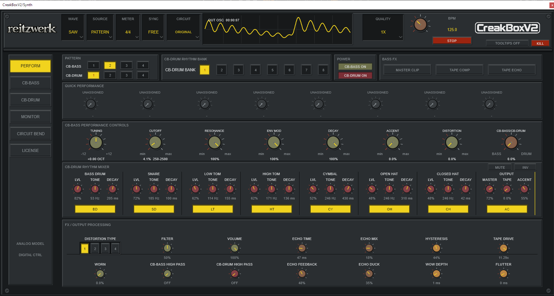 Screenshot of the CreakBox V2 synthesizer software interface showing various controls for sound design, including waveform, pattern, drum rhythm, EQ, effects, and performance settings.