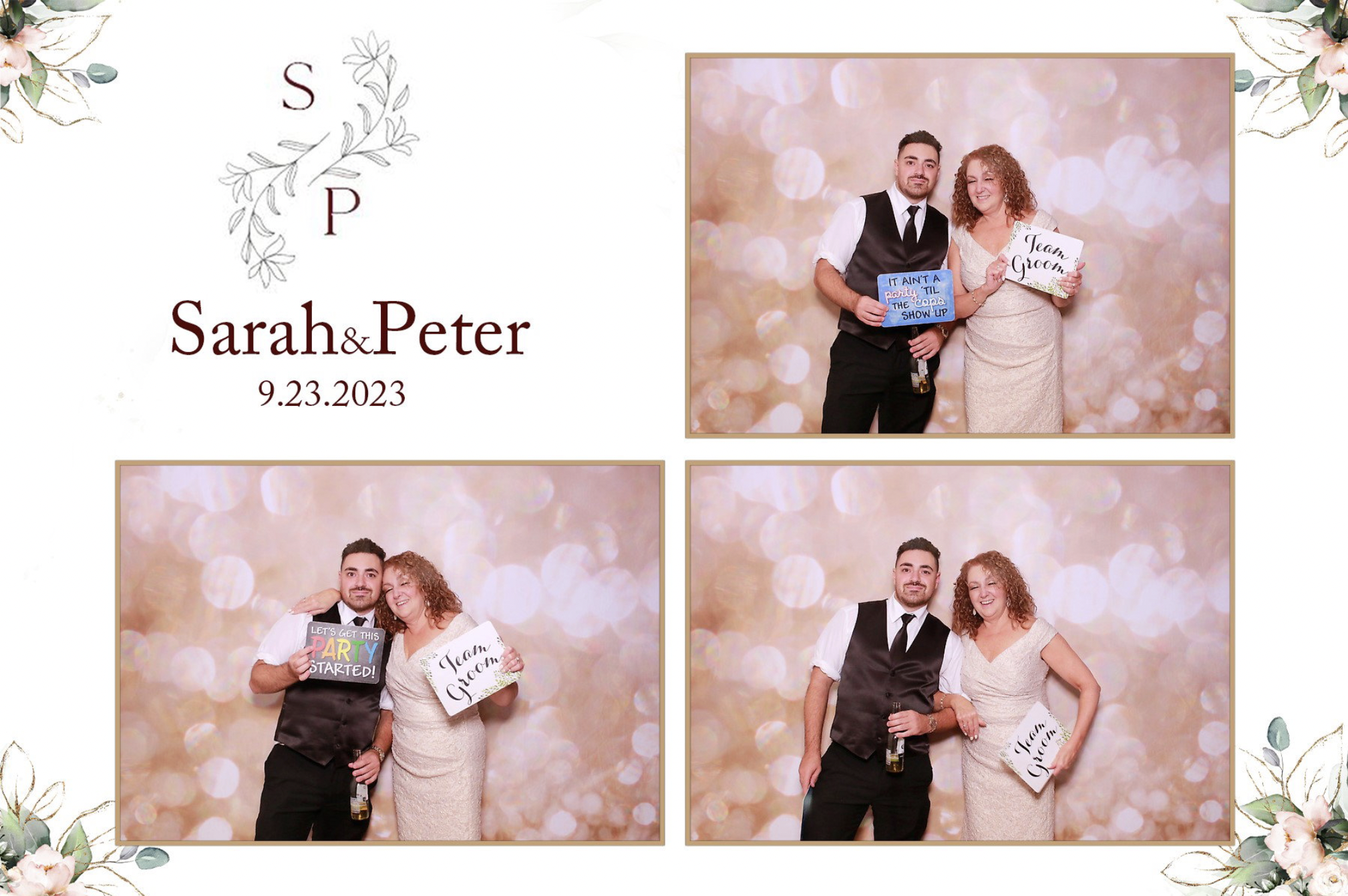 A collage of four photos featuring a bride and groom at their wedding, holding signs and posing on a pink and gold bokeh background, with floral decorations on the borders. The top left corner shows the couple with the groom in a vest and tie, and th