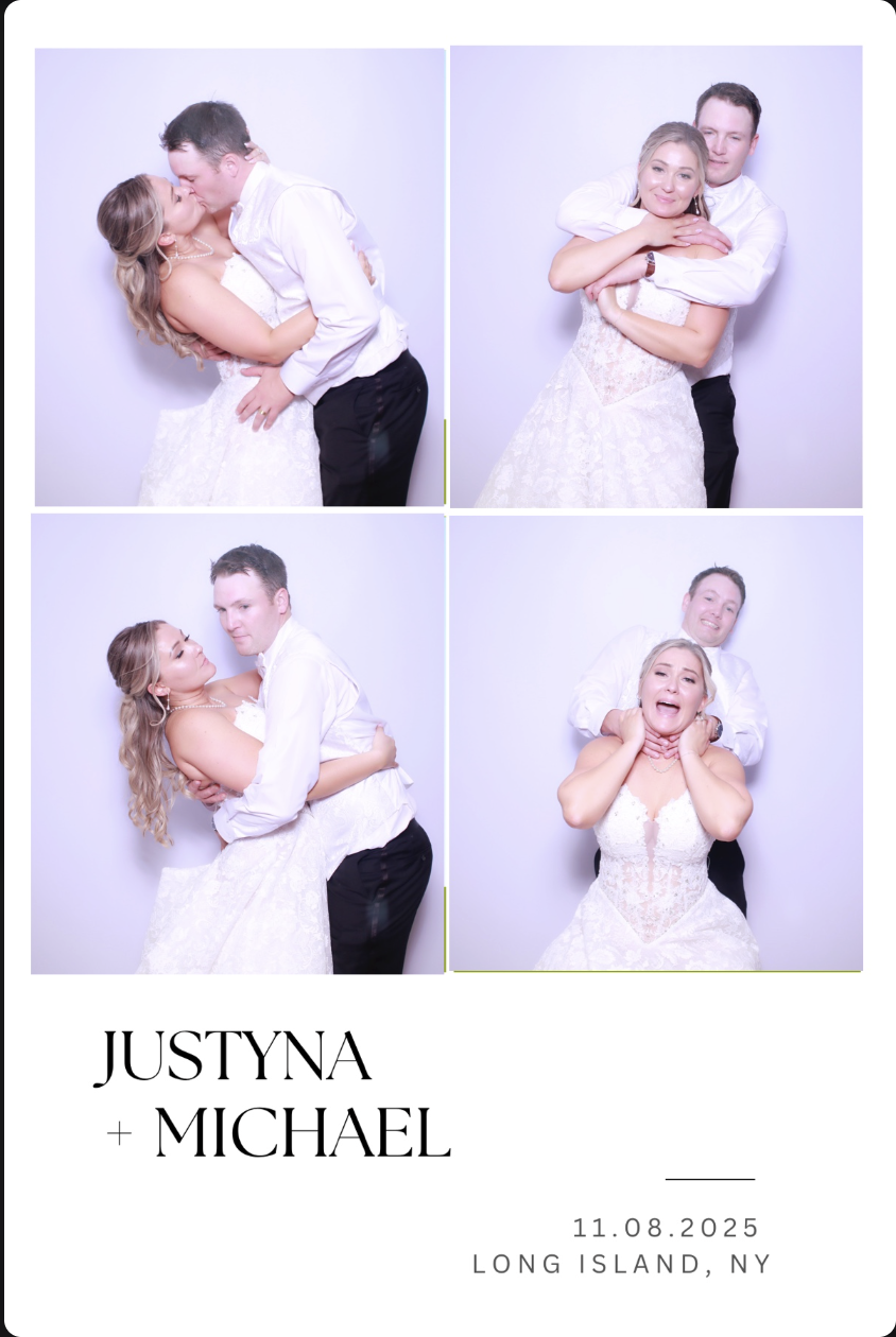 A four-photo collage of a couple during their wedding, showing them kissing, hugging, and smiling together in wedding attire against a white background, with text indicating their names, wedding date, and location.