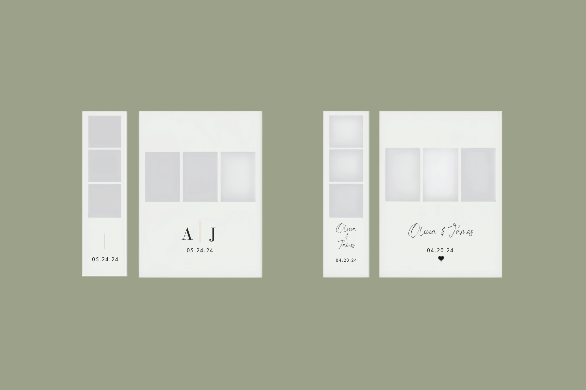 Set of four white photo frames on a light green background, each with different text and dates, and some with names and small heart icons.