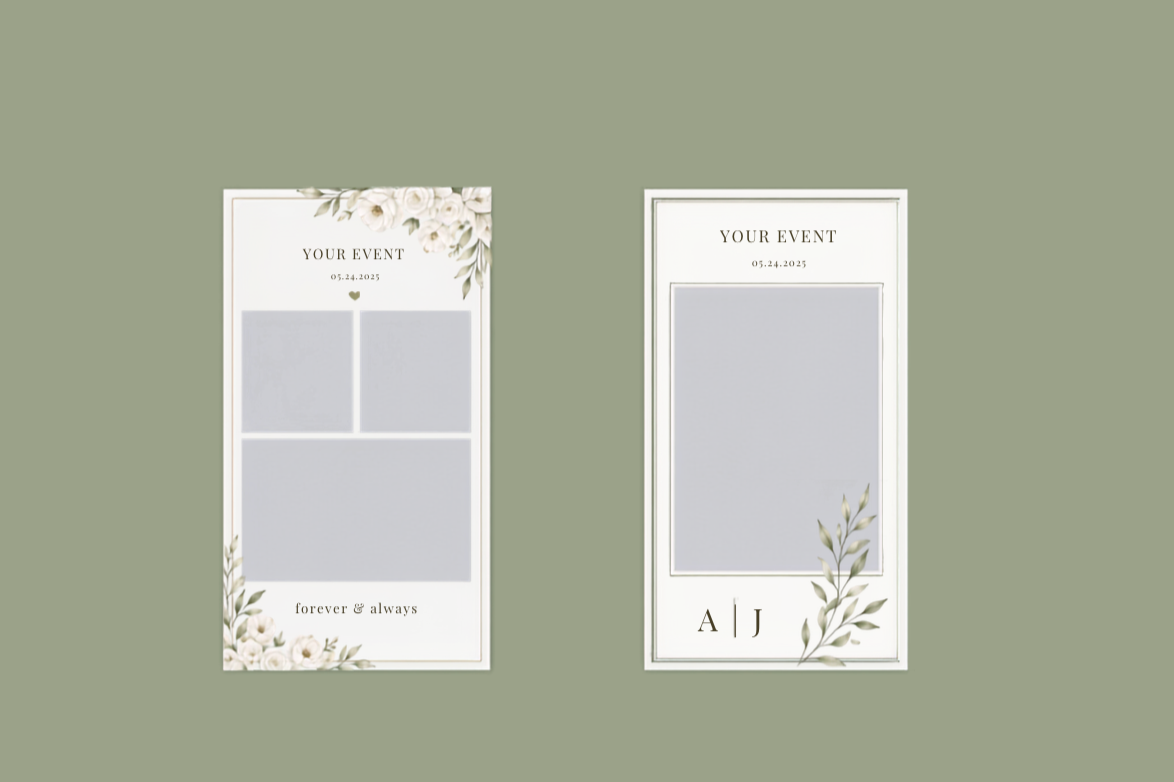 Two wedding photo booth templates with floral borders, one with three photo spaces and the words "forever & always," and the other with a single photo space and initials "A J," both on a light green background.