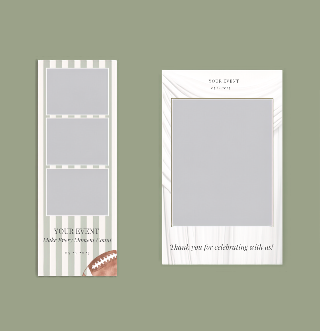 Templates for a photo booth strip and an event photo frame with a football-themed design, both featuring placeholders for photos and event details.