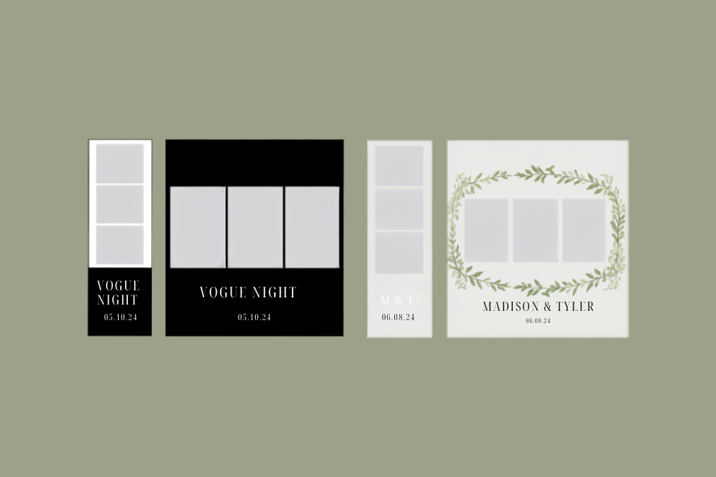 Five minimalist wedding or event posters with names and dates, two black, two white, and one patterned, displayed against a light green background.