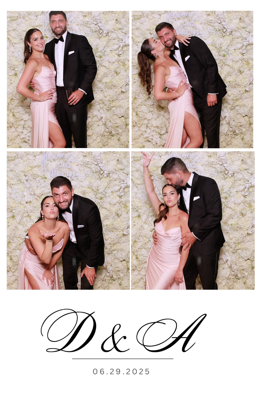 Four photos of a couple in formal attire at a celebration, with a textured white floral backdrop. The couple is dressed in a black tuxedo and a pink dress, exhibiting affectionate poses. Text at the bottom reads 'D & A' with the date '06.29.2025'.
