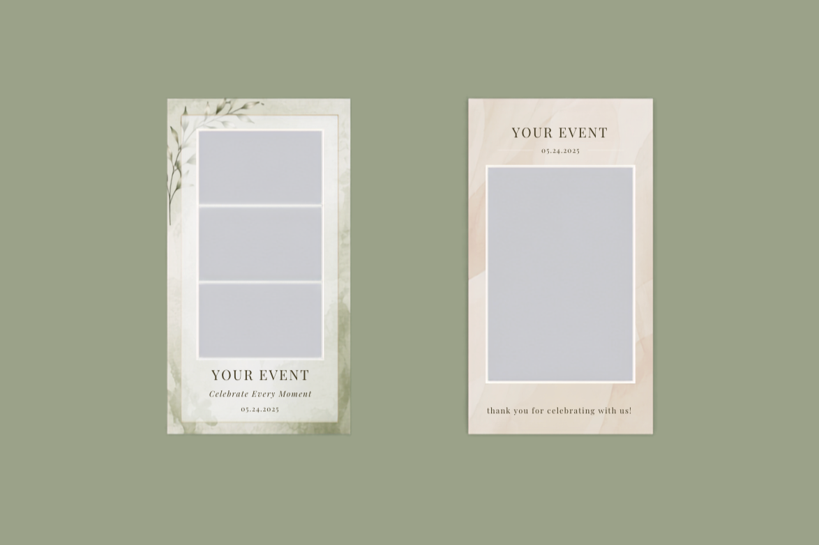 Two event photo booth templates with floral and pastel designs on a green background.