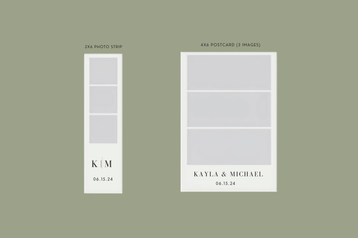 Design template for a photo strip and postcard with initials and wedding date 'Kayla & Michael' on a muted green background.