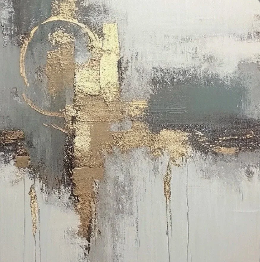 Abstract textured painting with shades of gray, gold, black, and white, featuring a circular element on the upper left and vertical streaks.