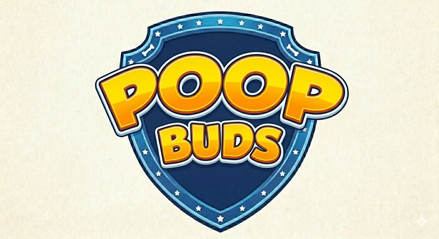 Colorful logo with the words 'Poop Buds' in bold yellow and orange text, inside a blue shield with stars around the border.