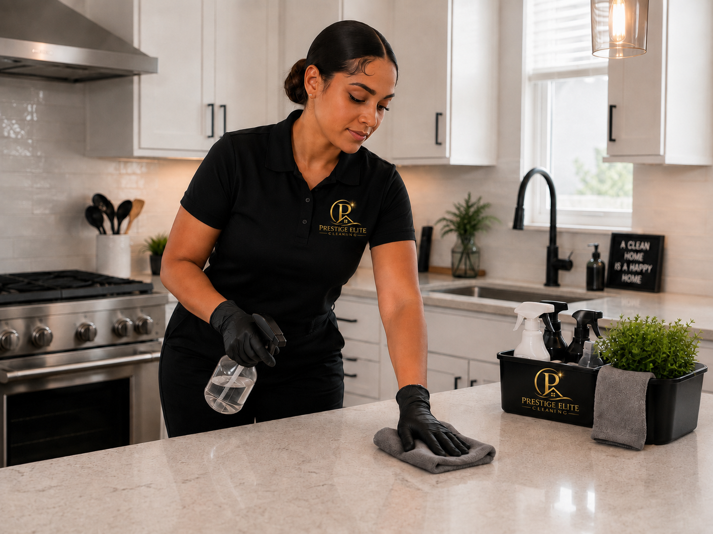 Prestige Elite Cleaning professional cleaning a kitchen countertop in a modern home in Wichita, KS. 