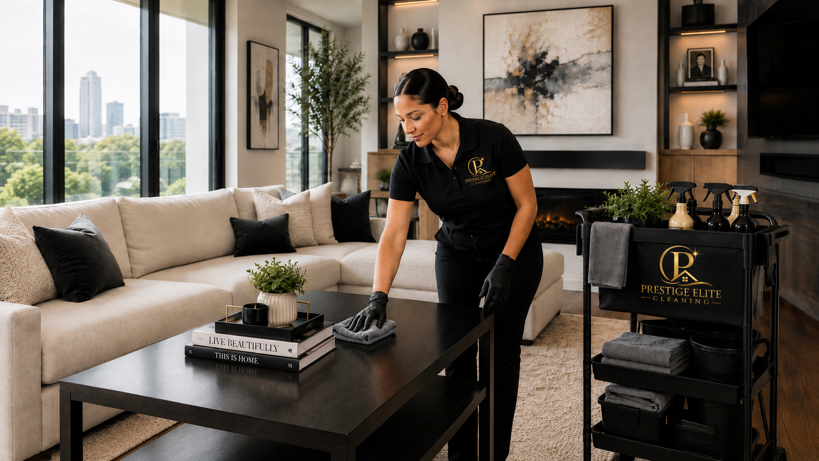 Prestige Elite professional cleaning a table in a modern living room in Wichita, KS.