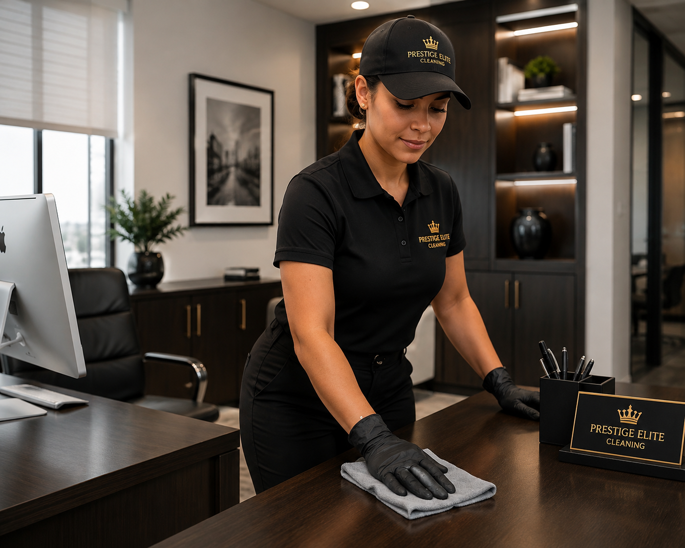 Prestige Elite  professional cleaning an office desk in Wichita, KS.