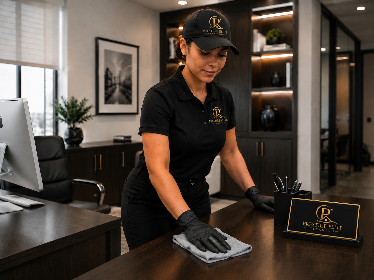 Prestige Elite Cleaning professional cleaning a computer desk in a modern office in Wichita,KS. 