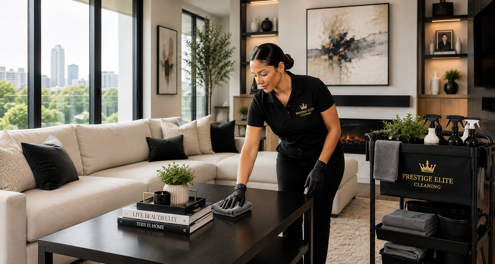Prestige Elite professional cleaning a coffee table in a modern living room in Wichita, KS.