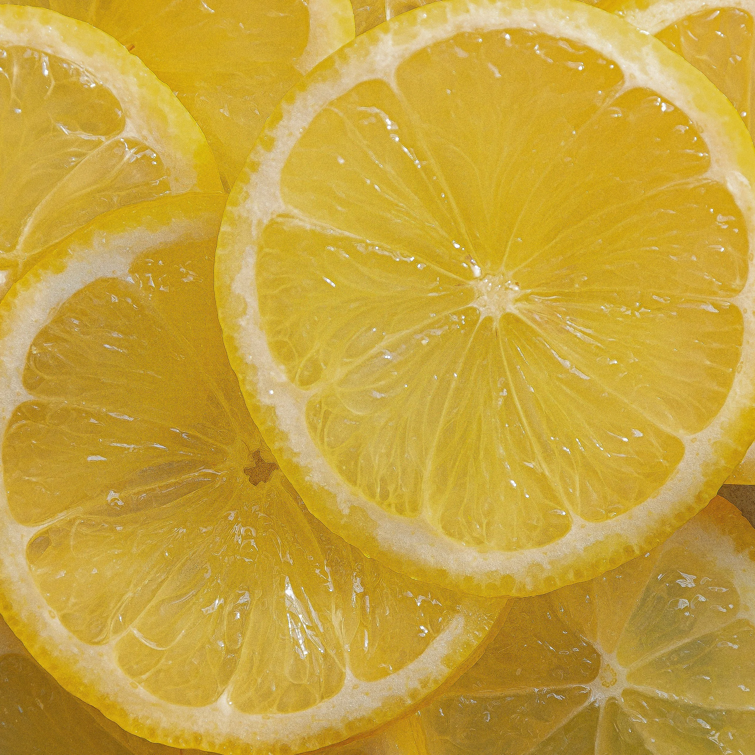 Close-up of multiple lemon slices, showing their bright yellow rinds and translucent pulp.