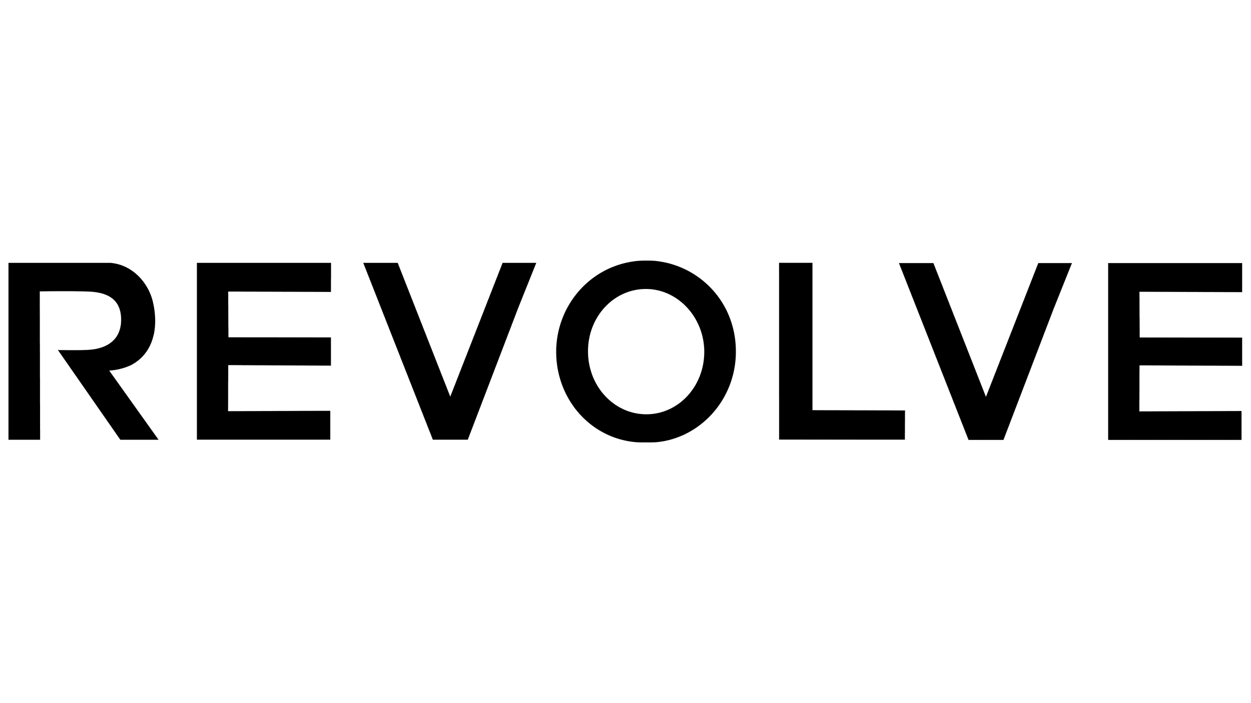 REVOLVE logo in outlined black uppercase letters on a black background.