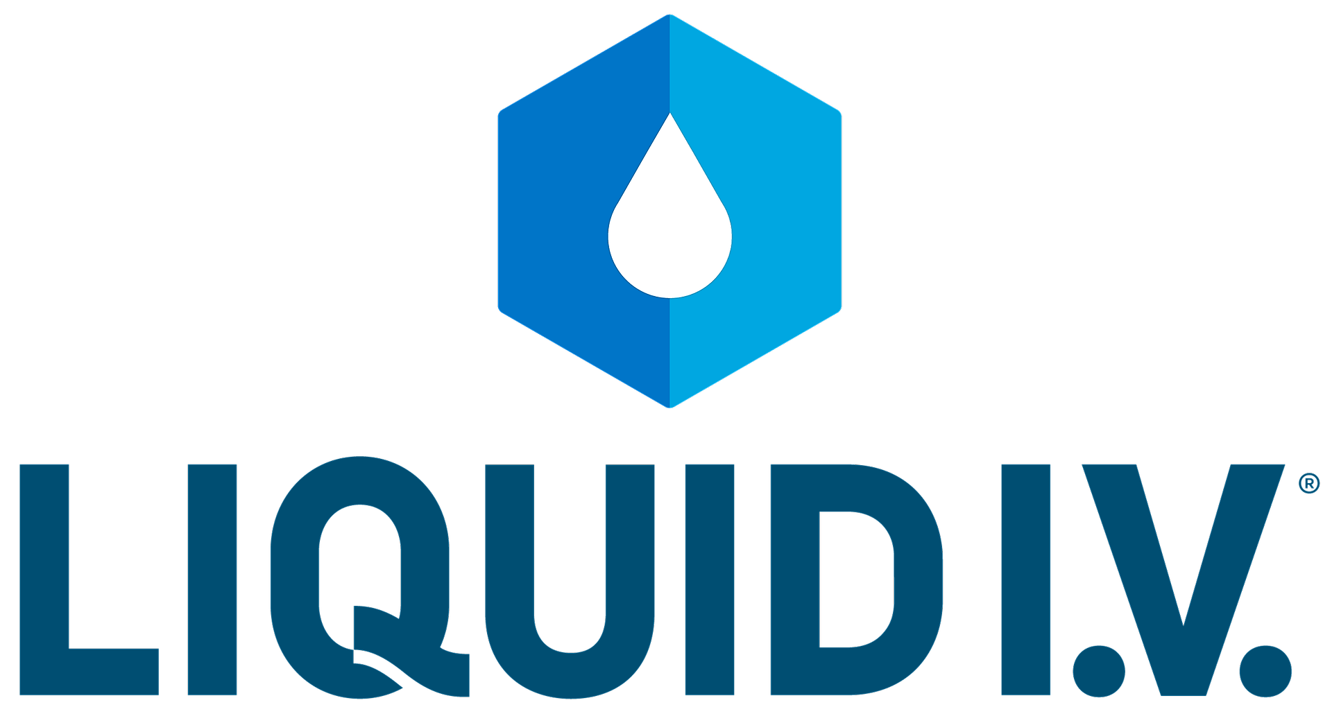 Liquid IV logo featuring a blue hexagon with a white droplet inside and bold blue text reading Liquid I.V.