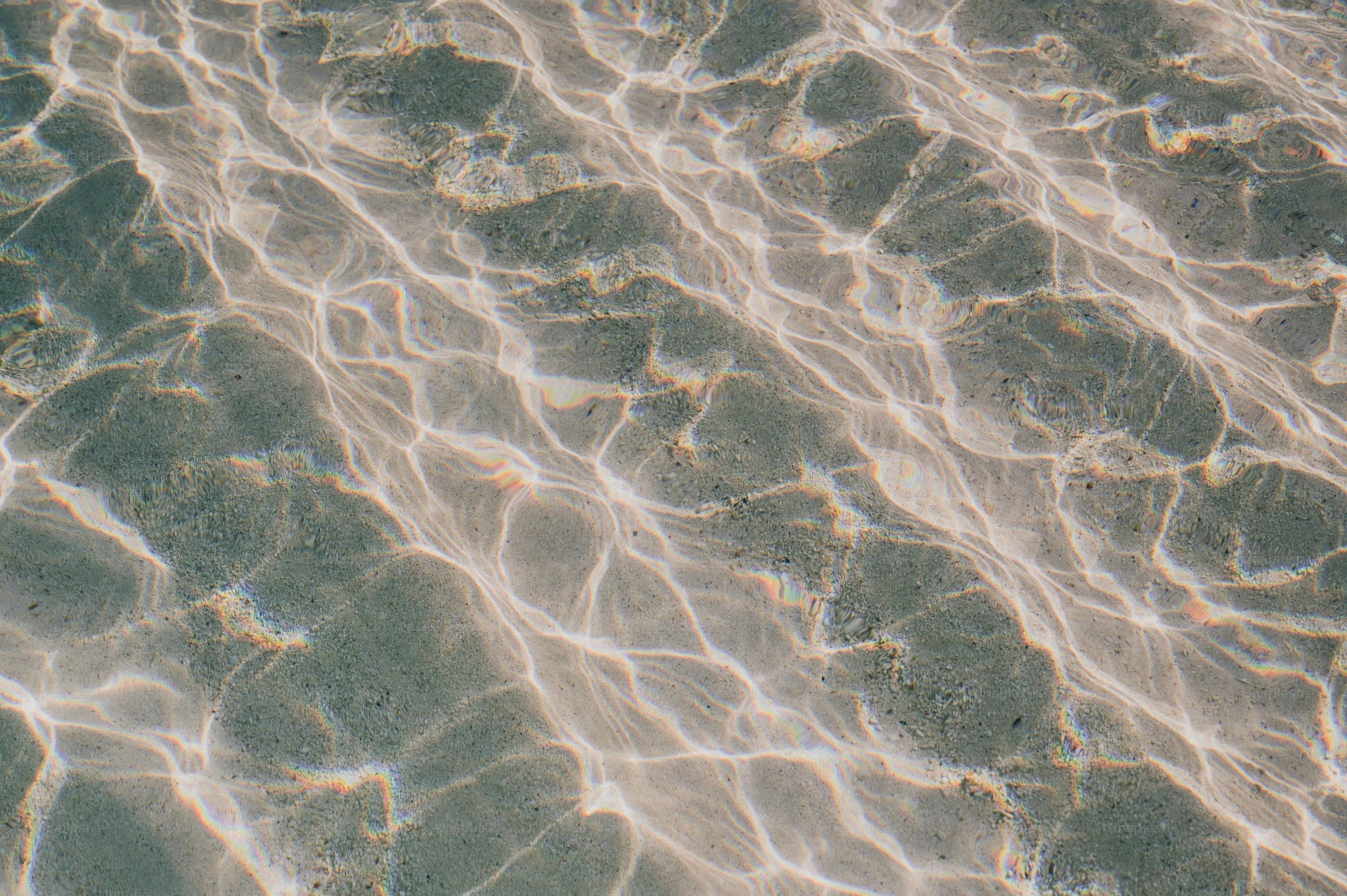Clear shallow water with sunlight creating wave patterns on the sandy bottom that has small rocks and pebbles.