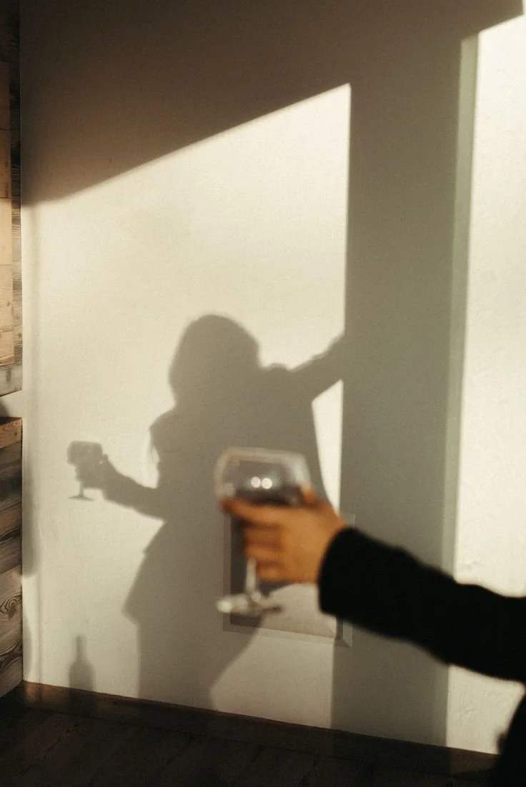 Shadow of a person taking a photo with a smartphone on a wall, with a hand holding a glass of wine visible in the shadow.