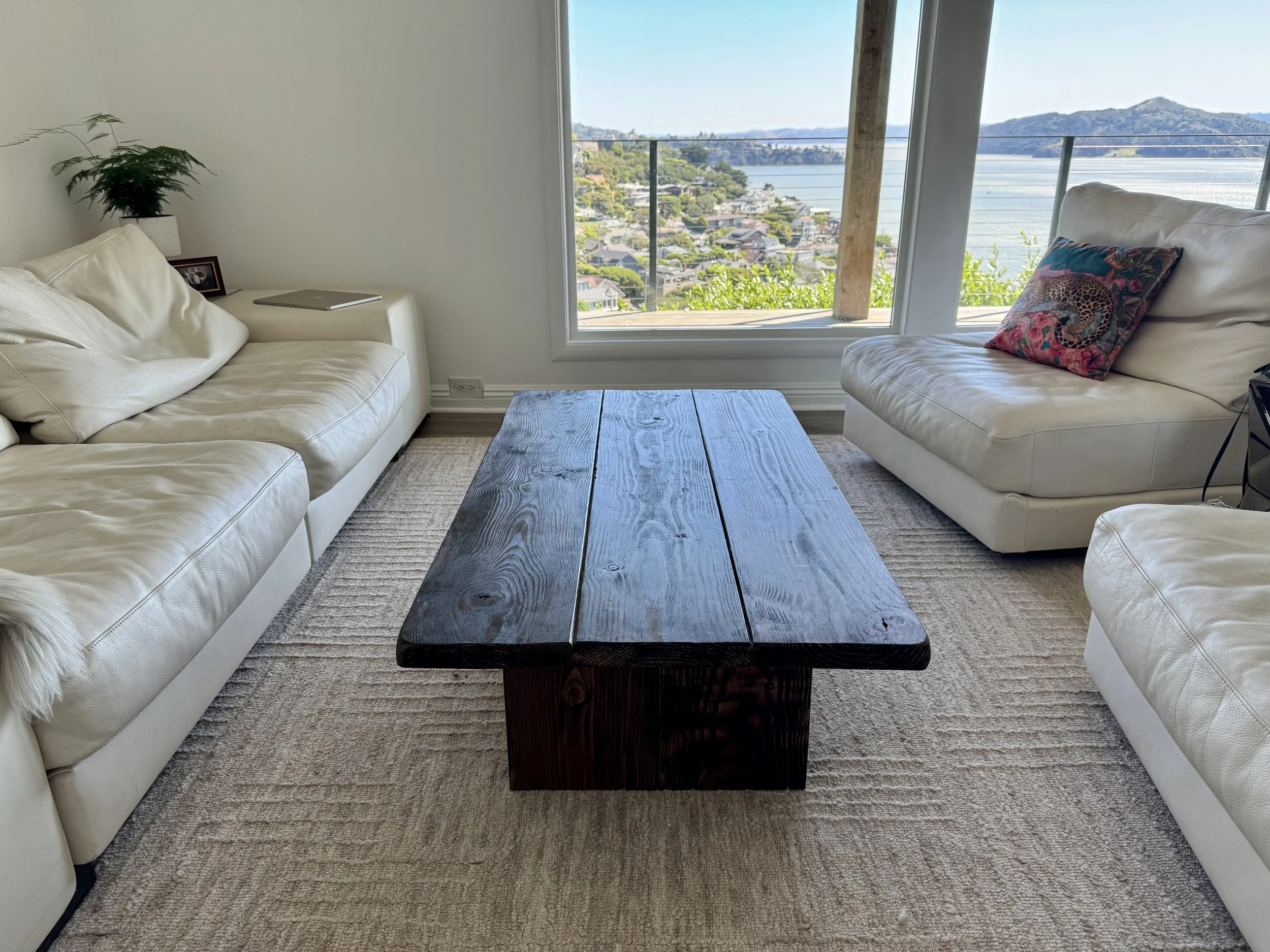 Living room with white leather sofas, a dark wooden coffee table, a potted plant, and large windows overlooking a view of water and hills.