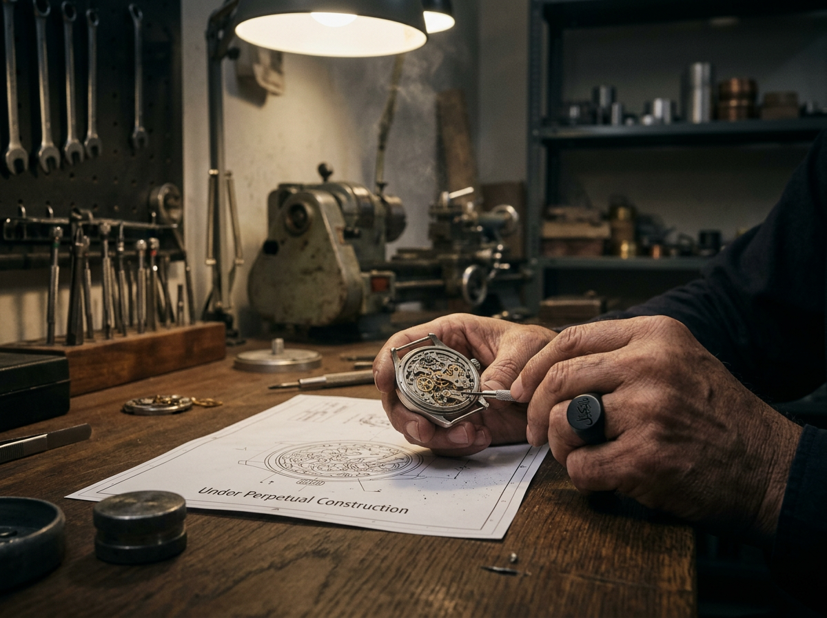 A watchmaker working on a mechanical watch movement at a wooden workbench, with tools and watch parts around, in a workshop setting.