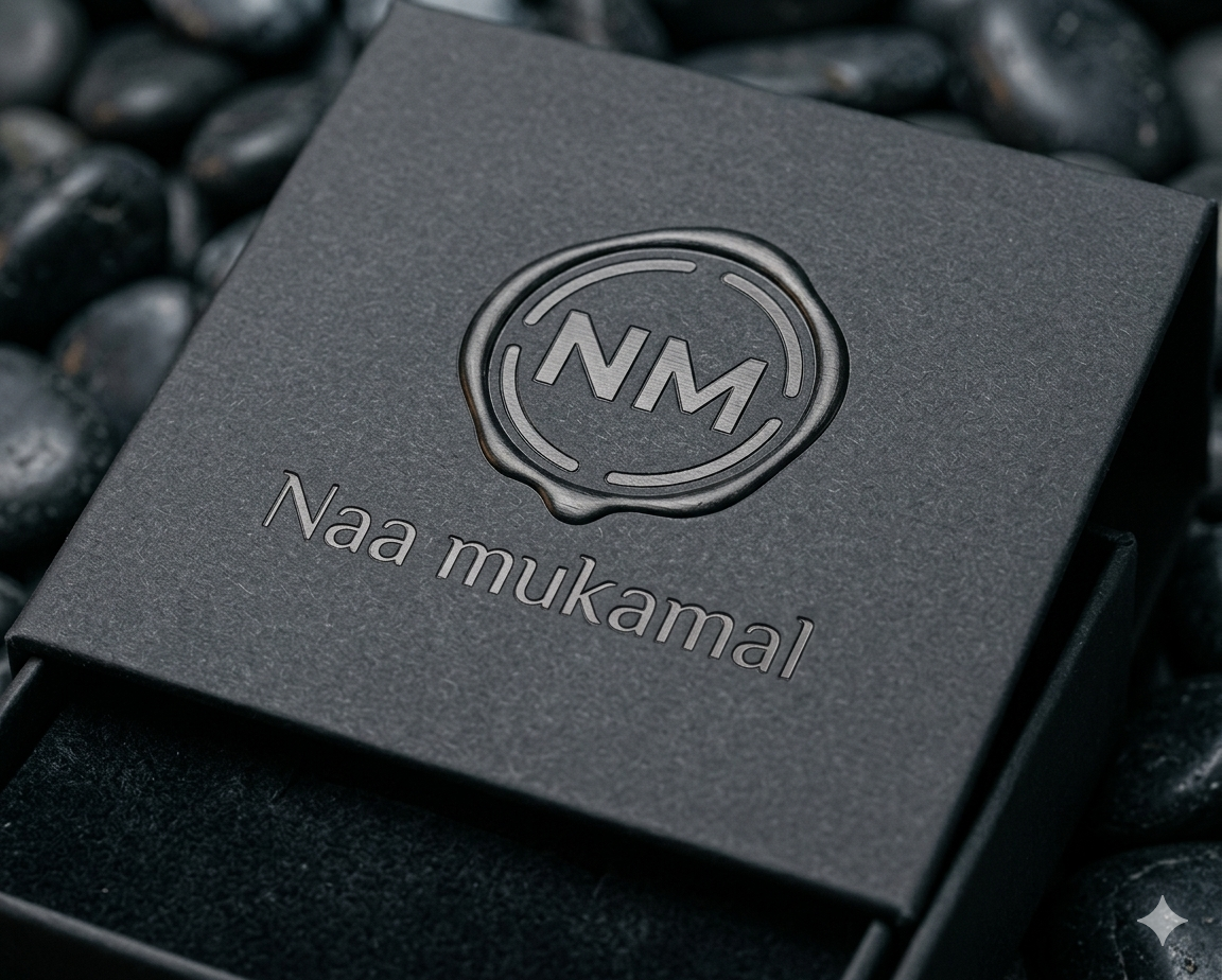 A black box with the words 'Naa mukamal' and a circular logo with the initials 'NM' on the lid, placed on a bed of black pebbles.