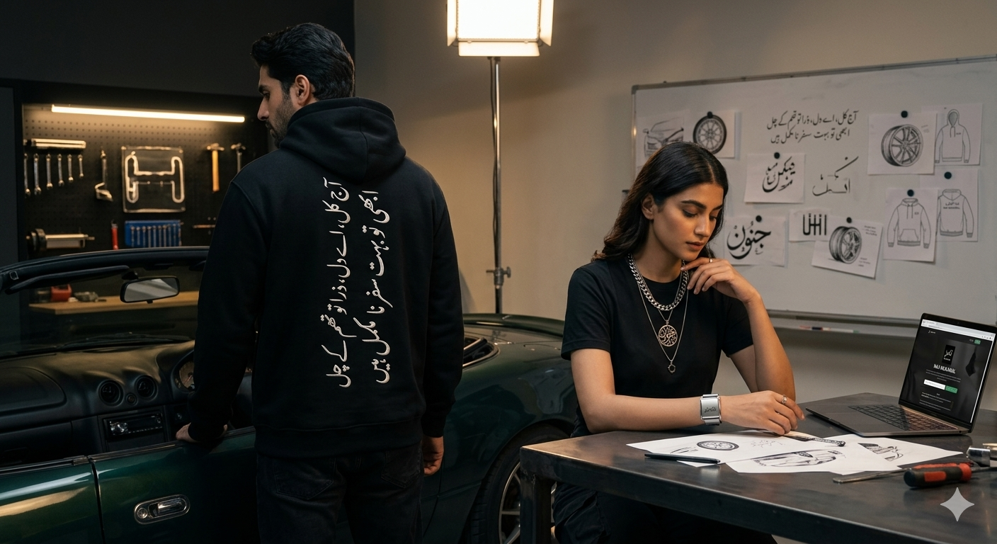 A man and a woman inside a garage working on a car. The woman is sitting at a work table with sketches and a laptop, wearing black clothing and jewelry. The man stands beside the car, wearing a black hoodie with Arabic script on the back. The garage has tools and a whiteboard with diagrams and notes.