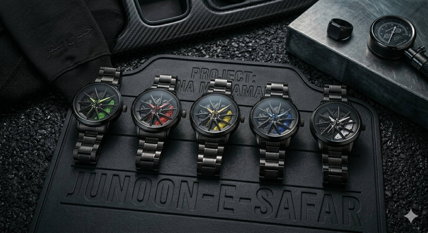 Five black wristwatches with different colored accents on the dials, arranged on a black surface marked 'JUNOON-E-SAFAR' and 'PROJECT: PANA-METAMORPH' with various watch accessories around them.